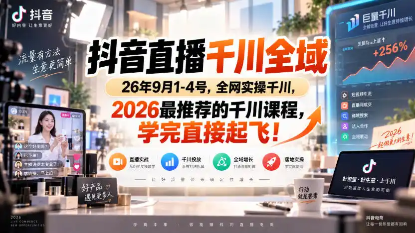 抖音直播千川全域26年9月1-4号，全网实操千川，2026最推荐的千川课程，学完直接起飞！-北疆网创