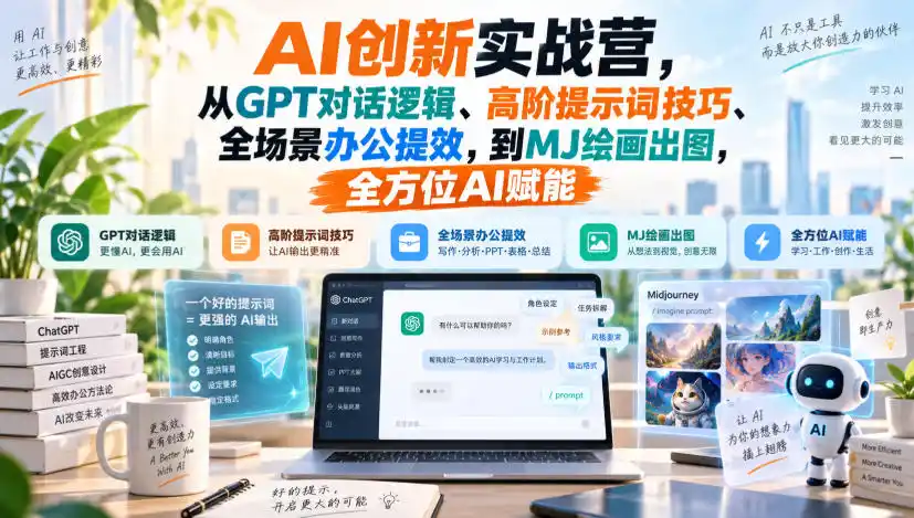 AI创新实战营，从GPT对话逻辑、高阶提示词技巧、全场景办公提效，到MJ绘画出图，全方位AI赋能-北疆网创