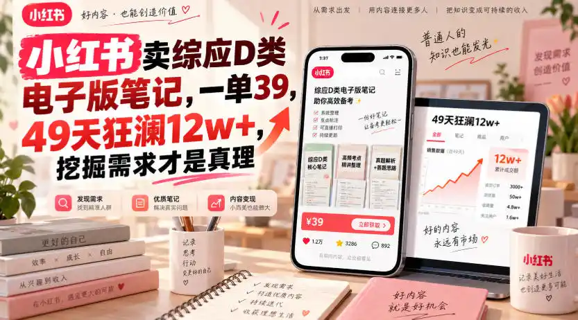 小红书卖综应D类电子版笔记，一单39，49天狂澜12w+，挖掘需求才是真理-北疆网创