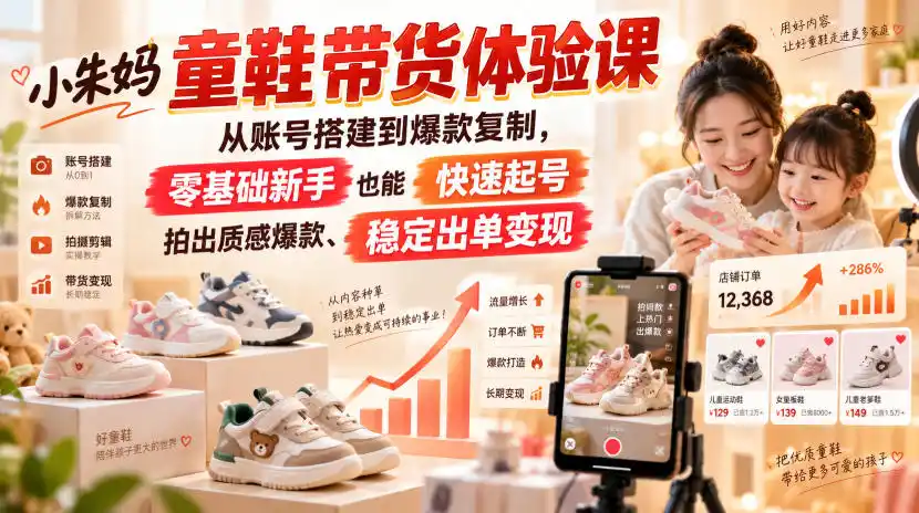 小朱妈童鞋带货体验课，从账号搭建到爆款复制，零基础新手也能快速起号、拍出质感爆款、稳定出单变现-北疆网创