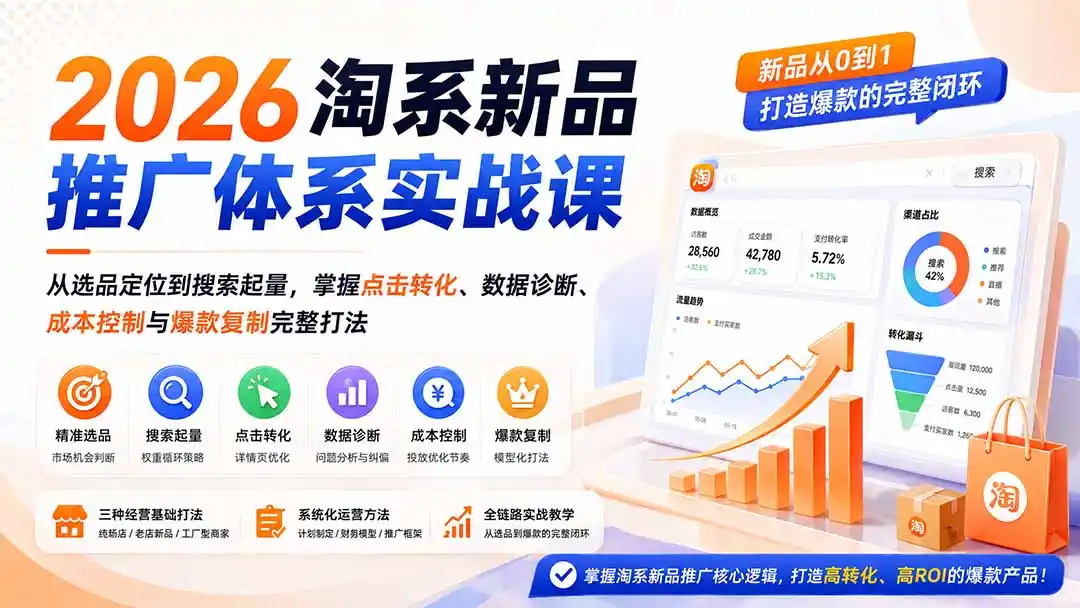 2026淘系新品推广体系实战课：从选品定位到搜索起量，掌握点击转化、数据诊断、成本控制与爆款复制完整打法-北疆网创