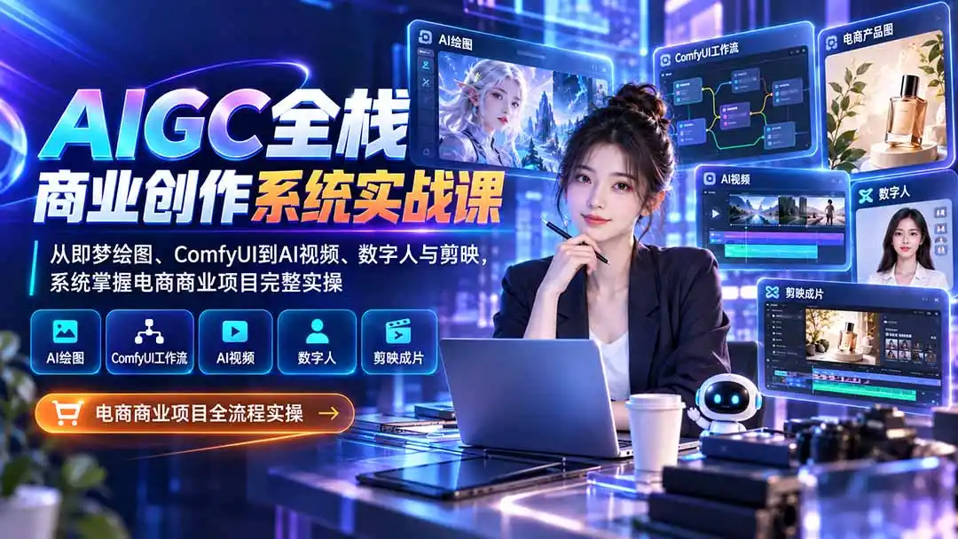 AIGC全栈商业创作系统实战课：从即梦绘图、ComfyUI到AI视频、数字人与剪映，系统掌握电商商业项目完整实操-北疆网创