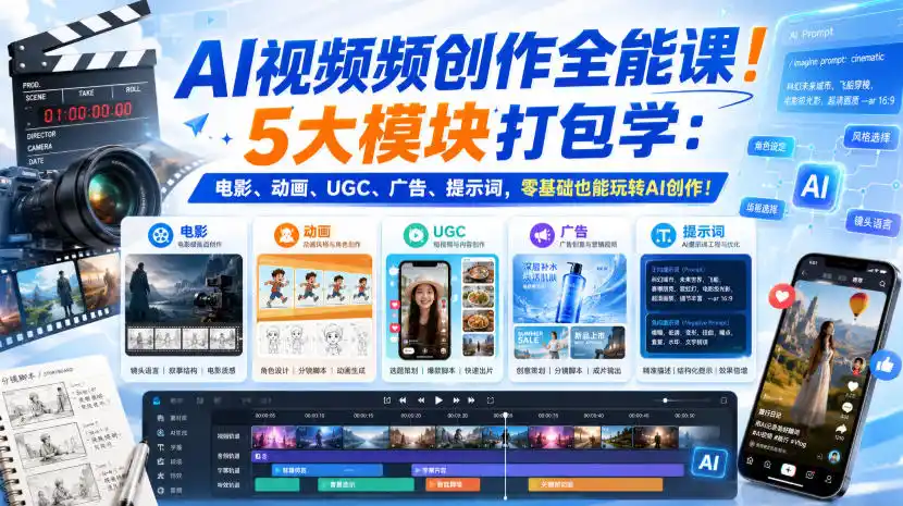 AI视频频创作全能课！5大模块打包学：电影、动画、UGC、广告、提示词，零基础也能玩转AI创作！【原创双语字幕】-北疆网创