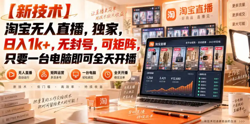 【独家新技术】淘宝无人直播，日入1k+，无封号，可矩阵，只要一台电脑即可全天开播【揭秘】-北疆网创