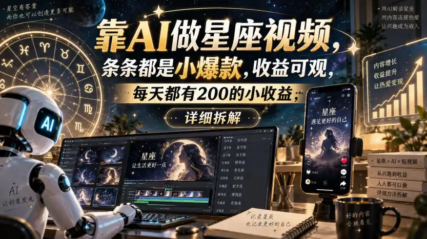 靠AI做星座视频，条条都是小爆款，收益可观，每天都有200的小收益，详细拆解-北疆网创