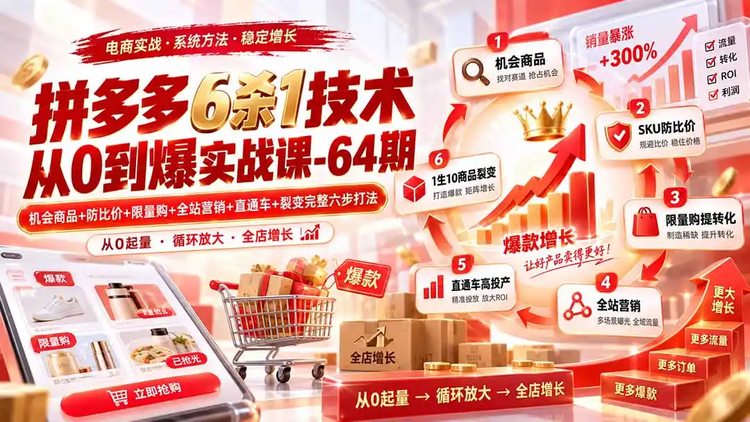 拼多多6杀1技术从0到爆实战课-64期：机会商品+防比价+限量购+全站营销+直通车+裂变完整六步打法-北疆网创