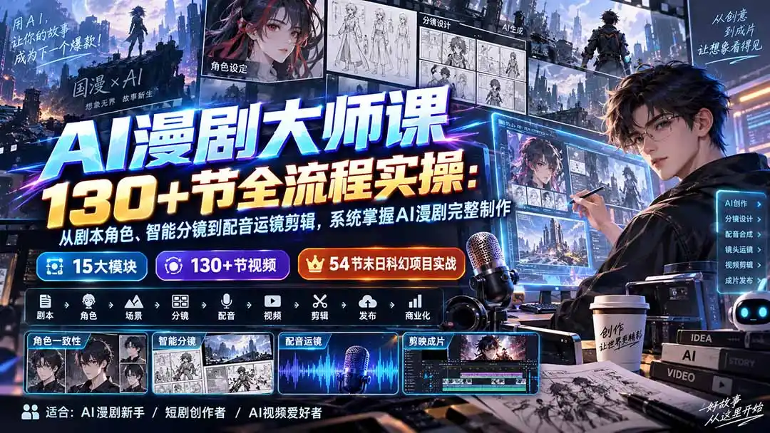AI漫剧大师课130+节全流程实操：从剧本角色、智能分镜到配音运镜剪辑，系统掌握AI漫剧完整制作-北疆网创