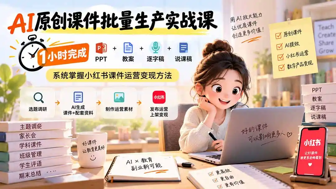 AI原创课件批量生产实战课:1小时完成PPT+教案+逐字稿+说课稿,系统掌握小红书课件运营变现方法-北疆网创