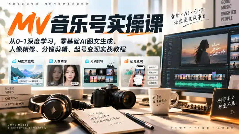 AI MV音乐号实操课，从0-1深度学习，零基础AI图文生成、人像精修、分镜剪辑、起号变现实战教程-北疆网创