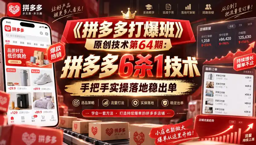 《拼多多打爆班》原创技术第64期：拼多多6杀1技术，手把手实操落地稳出单-北疆网创