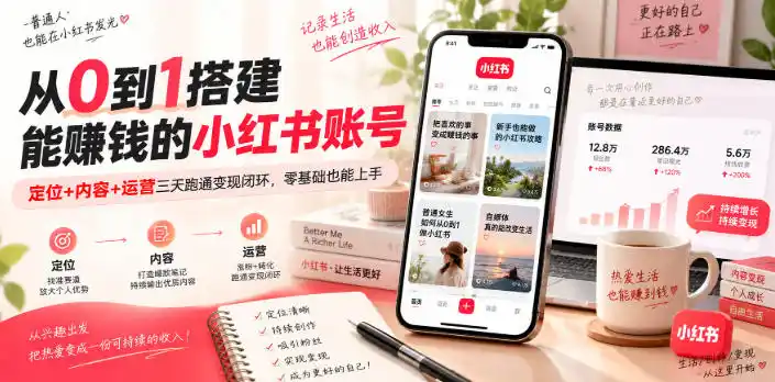 从0到1搭建能賺钱的小红书账号，定位+内容+运营三天跑通变现闭环-北疆网创