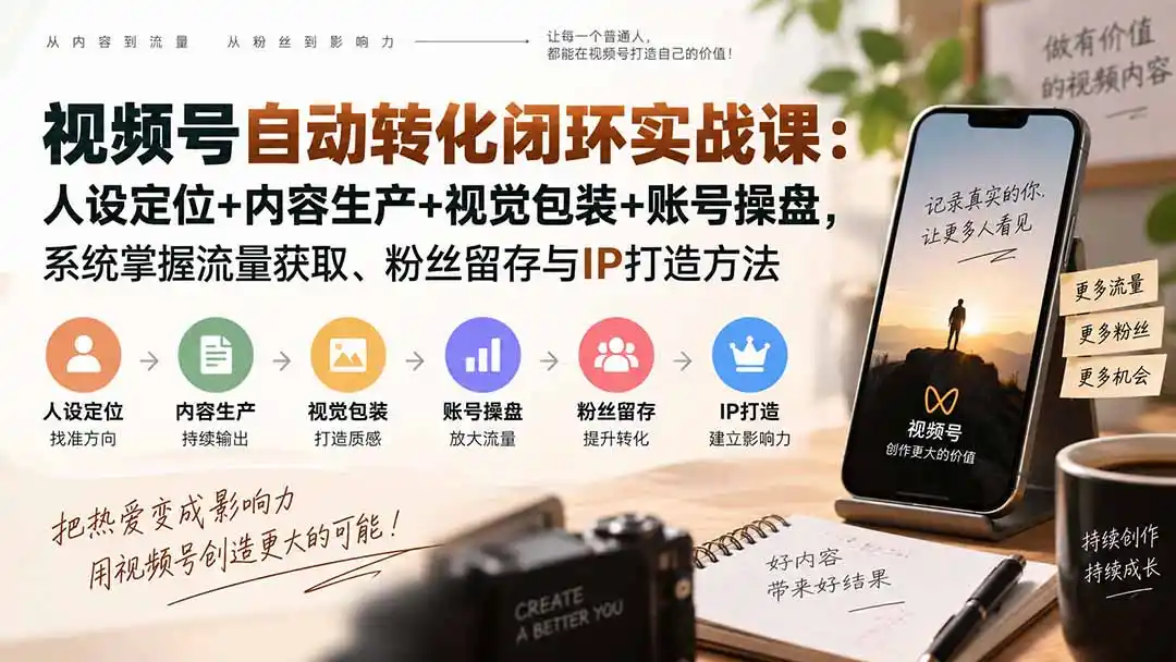 视频号自动转化闭环实战课：人设定位+内容生产+视觉包装+账号操盘，系统掌握流量获取、粉丝留存与IP打造方法-北疆网创