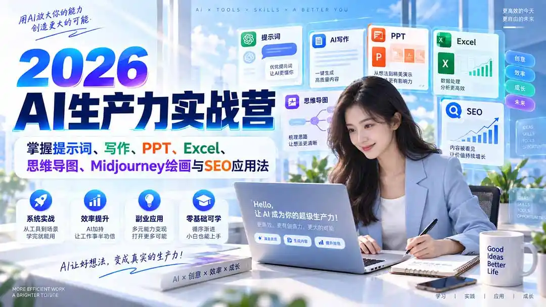 2026AI生产力实战营：掌握提示词、写作、PPT、Excel、思维导图、Midjourney绘画与SEO应用法-北疆网创