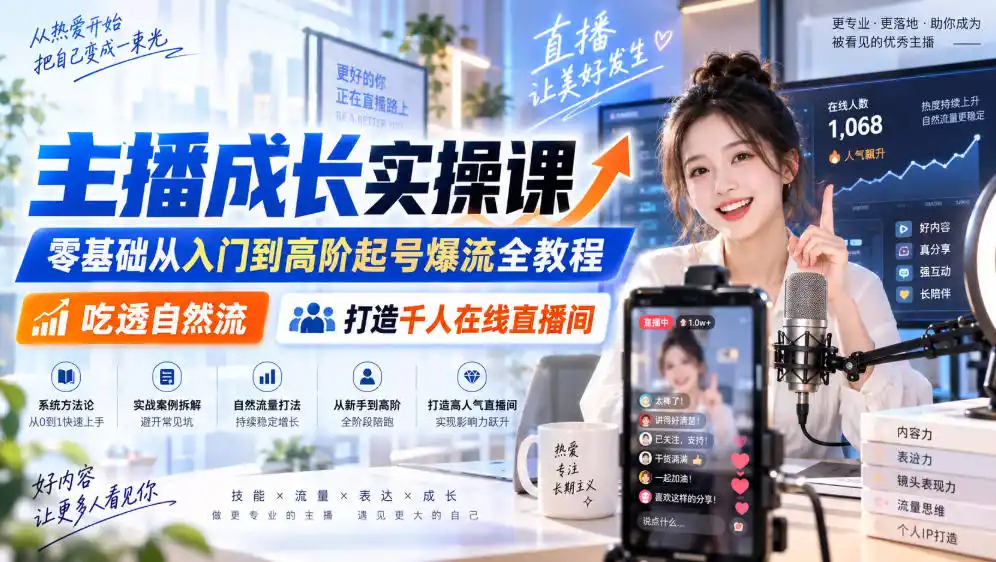 主播成长实操课｜零基础从入门到高阶起号爆流全教程，吃透自然流，打造千人在线直播间-北疆网创