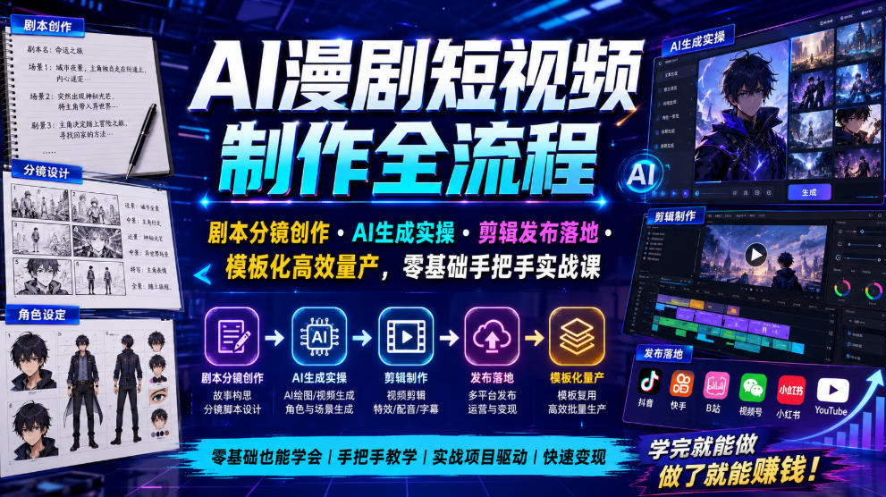 AI漫剧短视频制作全流程｜剧本分镜创作・AI生成实操・剪辑发布落地・模板化高效量产，零基础手把手实战课-北疆网创