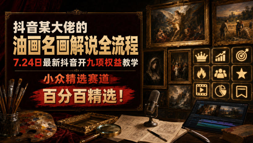 抖音某大佬的油画名画解说全流程,7.24日最新抖音开九项权益教学,小众精选赛道,百分百精选!-北疆网创