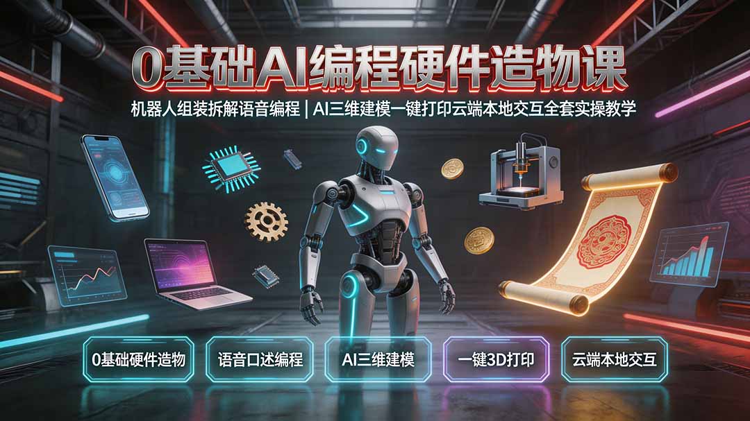 0基础AI编程硬件造物课｜机器人组装拆解语音编程，AI三维建模一键打印云端本地交互全套实操教学-北疆网创
