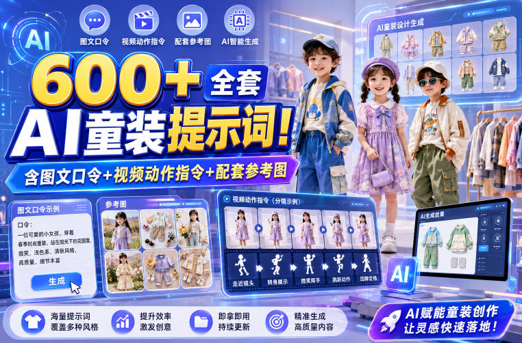 600+全套AI童装提示词！含图文口令+视频动作指令+配套参考图，Word-Excel规整分类，童装电商、种草无脑量产内容！-北疆网创