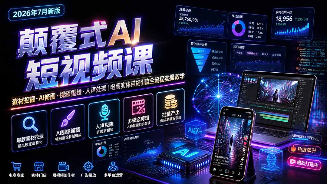 颠覆式AI短视频课|素材挖掘,AI修图,视频重绘,人声处理|电商实体带货引流全流程实操教学-北疆网创