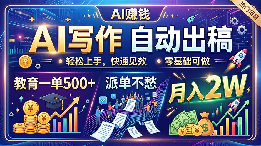 AI写作自动出稿，教育一单500+，派单不愁，月入2W-北疆网创