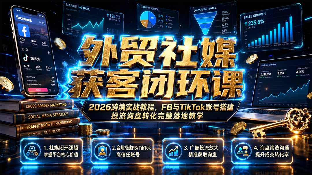 外贸社媒获客闭环课｜2026跨境实战教程，FB与TikTok账号搭建投流询盘转化完整落地教学-北疆网创