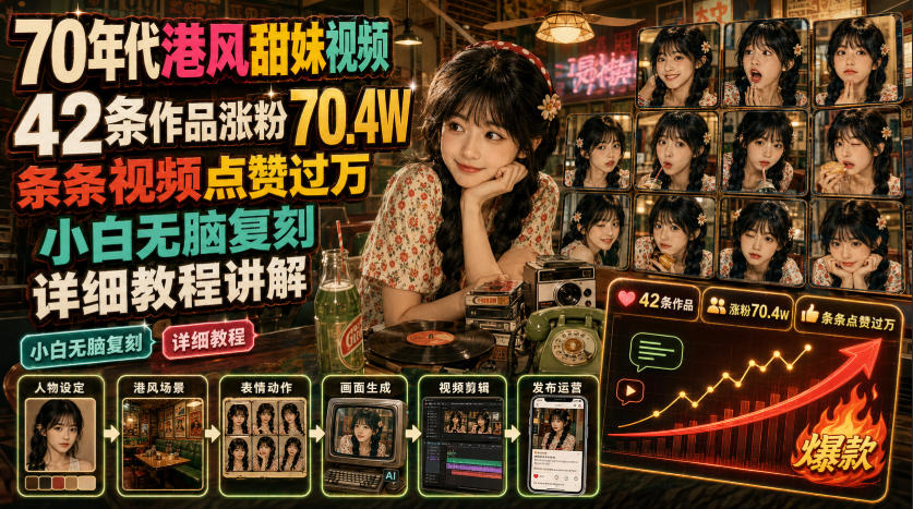 70年代港风甜妹视频,42条作品涨粉70.4W,条条视频点赞过万,小白无脑复刻,详细教程讲解-北疆网创