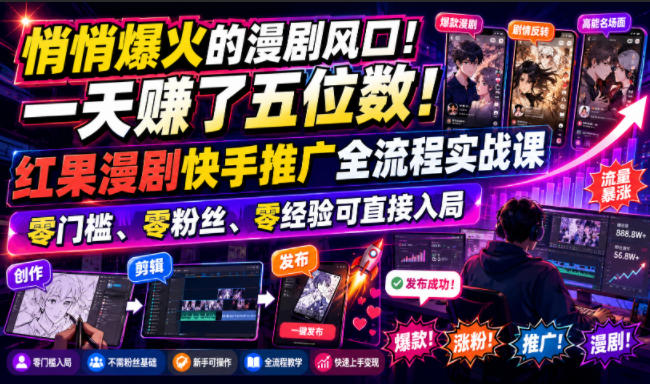 悄悄爆火的漫剧风口!一天賺了五位数!红果漫剧快手推广全流程实战课,零门槛、零粉丝、零经验可直接入局-北疆网创