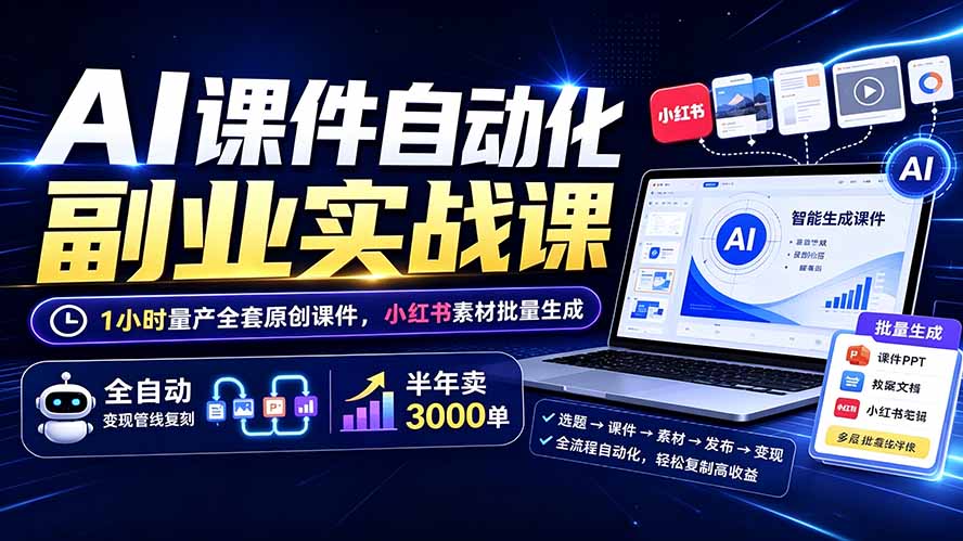 AI课件自动化副业实战课：1小时量产全套原创课件×小红书素材批量生成×全自动变现管线×半年卖3000单-北疆网创