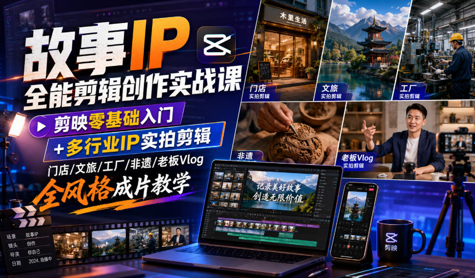 故事IP全能剪辑创作实战课｜剪映零基础入门+多行业IP实拍剪辑，门店/文旅/工厂/非遗/老板Vlog全风格成片教学-北疆网创
