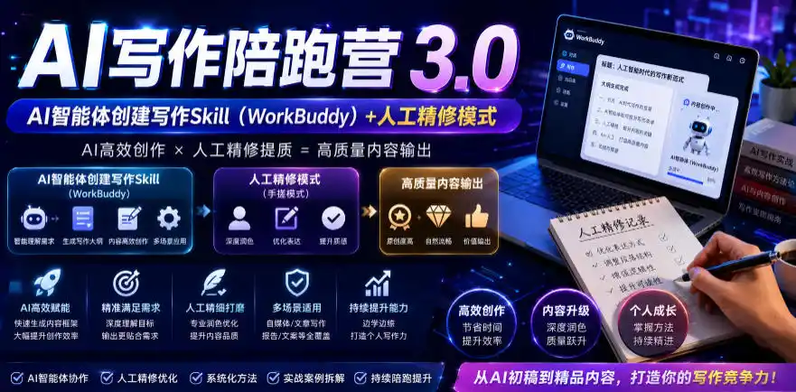 AI写作陪跑营3.0，Ai智能体创建写作skill(workbuddy)+人工手写模式(手搓模式)，去除AI痕迹(头条号、公众号、百家号)(更新0907)-北疆网创
