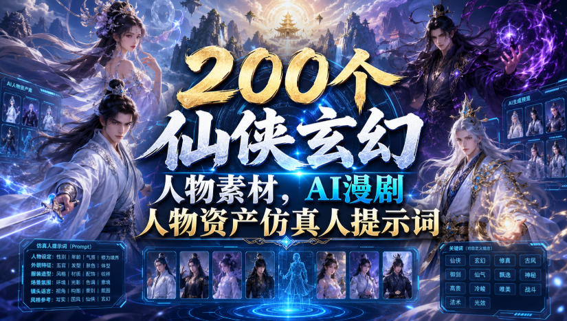 200个仙侠玄幻人物素材,AI漫剧人物资产仿真人提示词-北疆网创