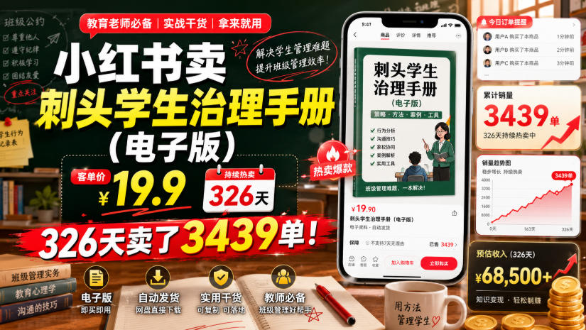 小红书卖刺头学生治理手册(电子版)，客单价19.9，326天卖了3439单！-北疆网创