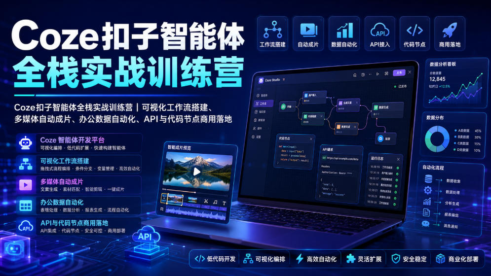 Coze扣子智能体全栈实战训练营｜可视化工作流搭建、多媒体自动成片、办公数据自动化、API与代码节点商用落地-北疆网创