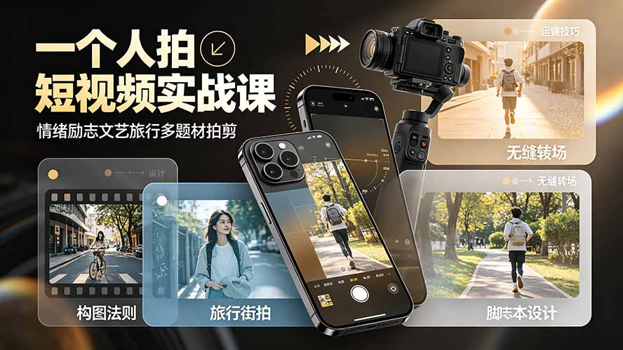 一个人拍短视频实战课:情绪励志文艺旅行多题材×五大景别×黄金构图×八大运镜,从拍摄到成片高效创作-北疆网创
