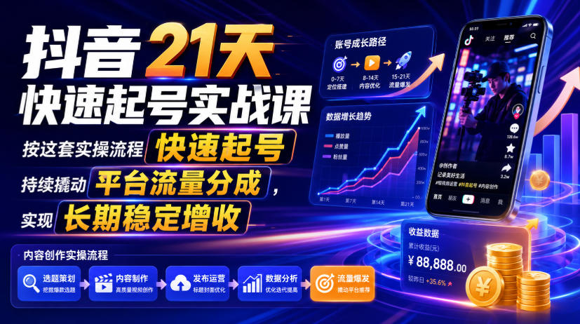 抖音21天快速起号实战课，按这套实操流程快速起号，持续撬动平台流量分成，实现长期稳定增收-北疆网创