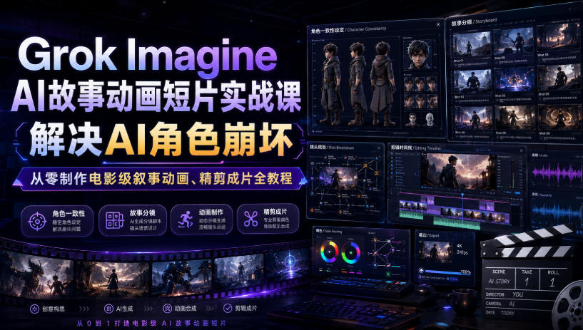 Grok Imagine AI故事动画短片实战课｜解决AI角色崩坏，从零制作电影级叙事动画、精剪成片全教程(中英字幕)-北疆网创
