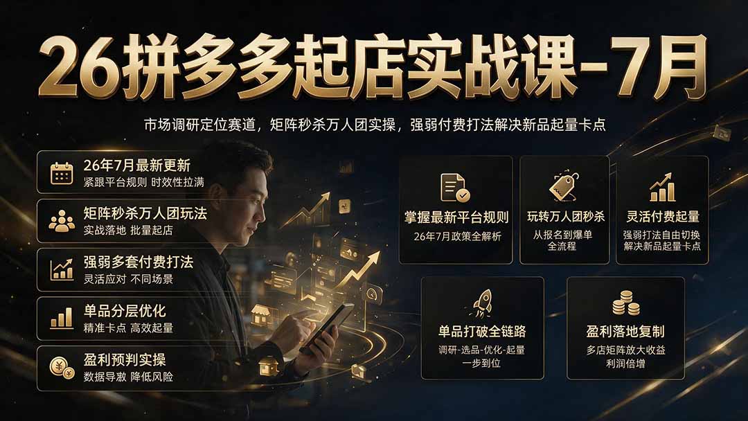 26拼多多起店实战课-7月|市场调研定位赛道,矩阵秒杀万人团实操,强弱付费打法解决新品起量卡点-北疆网创