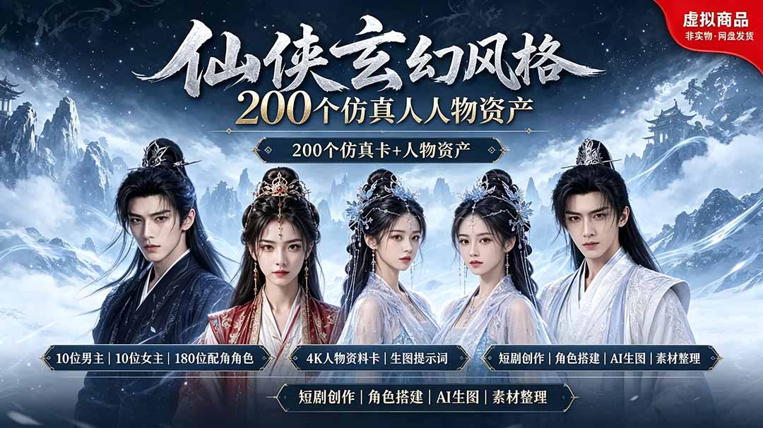 200个仙侠玄幻仿真人素材◆10男主×10女主×180配角，4K资料卡+AI生图提示词，漫剧必备-北疆网创