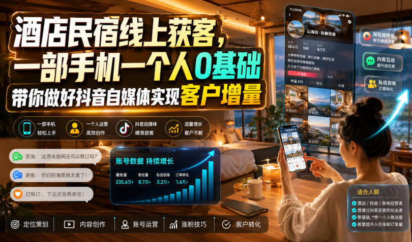 酒店民宿线上获客，一部手机一个人0基础带你做好抖音自媒体实现客户增量-北疆网创