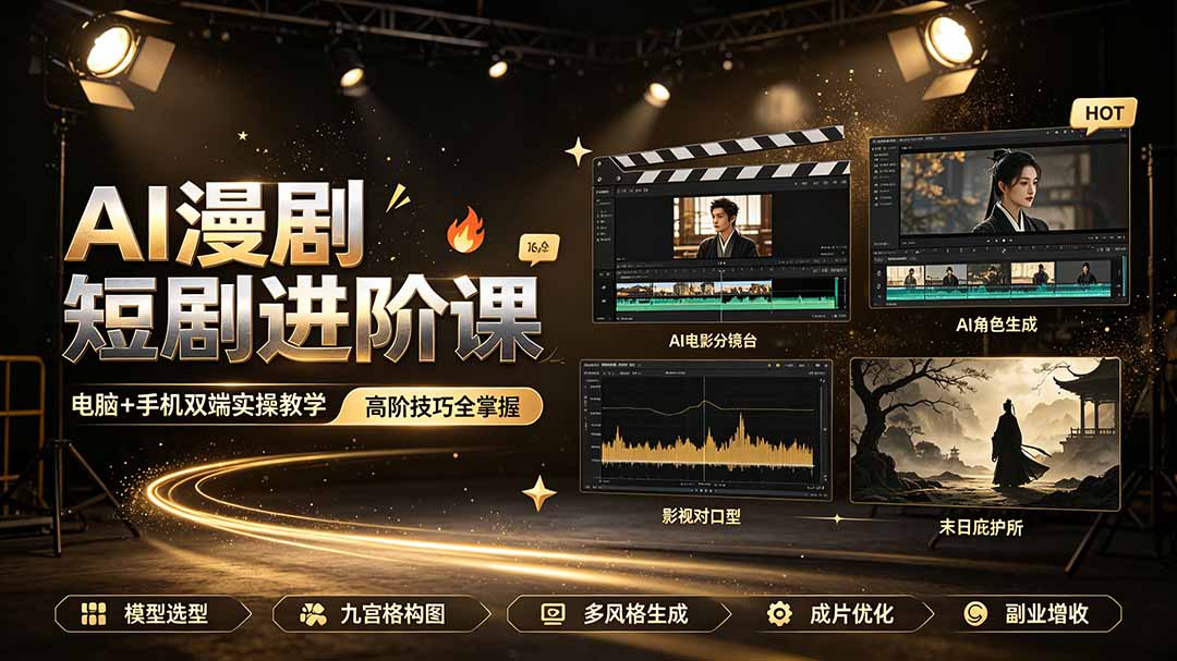 AI漫剧短剧进阶课｜电脑+手机双端实操教学｜影视剧对口型人物吃瓜×解压末日庇护所全程讲解，高阶技巧全掌握-北疆网创