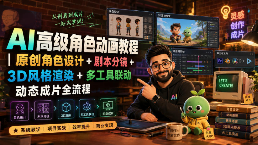 AI高级角色动画教程｜原创角色设计+剧本分镜+3D风格渲染+多工具联动动态成片全流程【中英字幕】-北疆网创