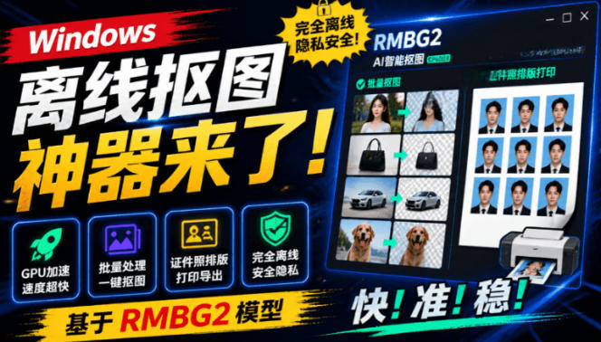 Windows离线抠图神器来了!支持批量抠图+证件照排版打印,基于RMBG2模型,GPU加速方块AI抠图-北疆网创
