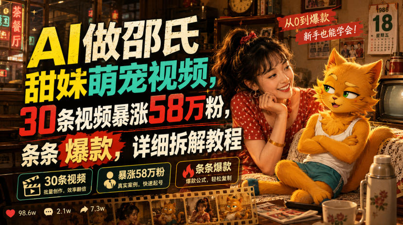 AI做邵氏甜妹萌宠视频，30条视频暴涨58万粉，条条爆款，详细拆解教程-北疆网创