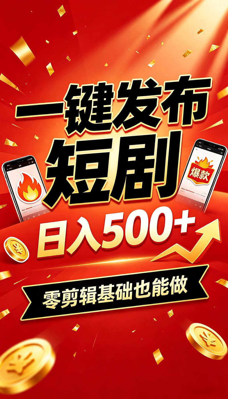 快手短剧一键发布，不用剪辑操作简单，副业日入500+。空闲时间轻松赚收益-北疆网创