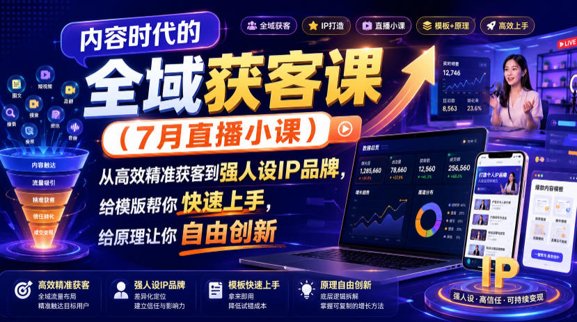 内容时代的全域获客课(7月直播小课)，从高效精准获客到强人设IP品牌，给模版帮你快速上手，给原理让你自由创新-北疆网创