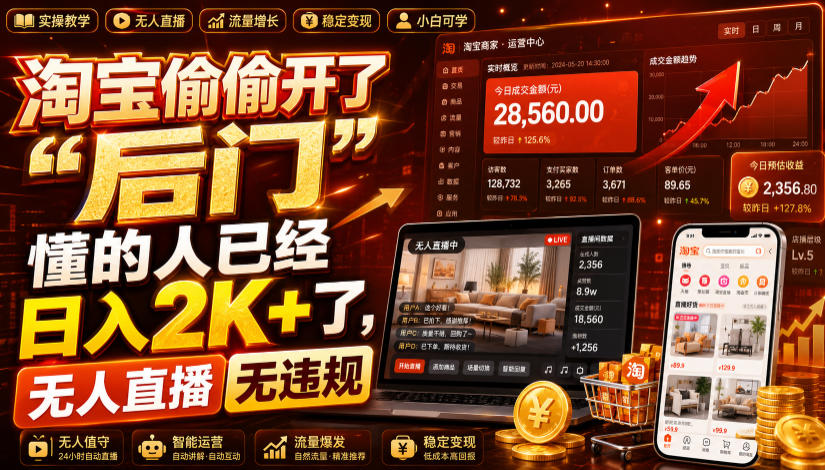 淘宝偷偷开了“后门”,懂的人已经日入2K+了,无人直播无违规,一台电脑=一家24小时营业的线上门店【揭秘】-北疆网创