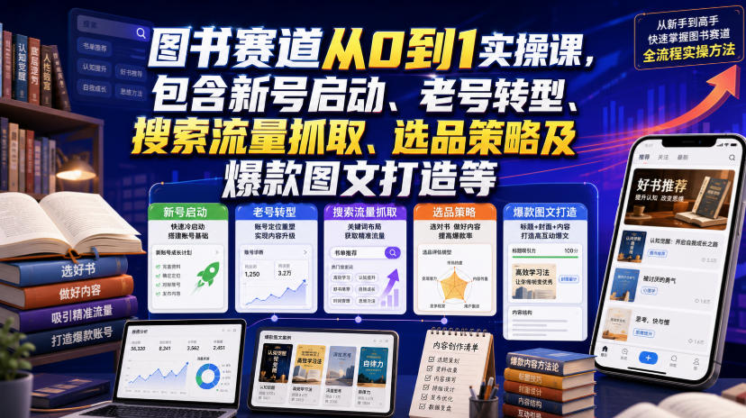 图书赛道从0到1实操课，包含新号启动、老号转型、搜索流量抓取、选品策略及爆款图文打造等-北疆网创